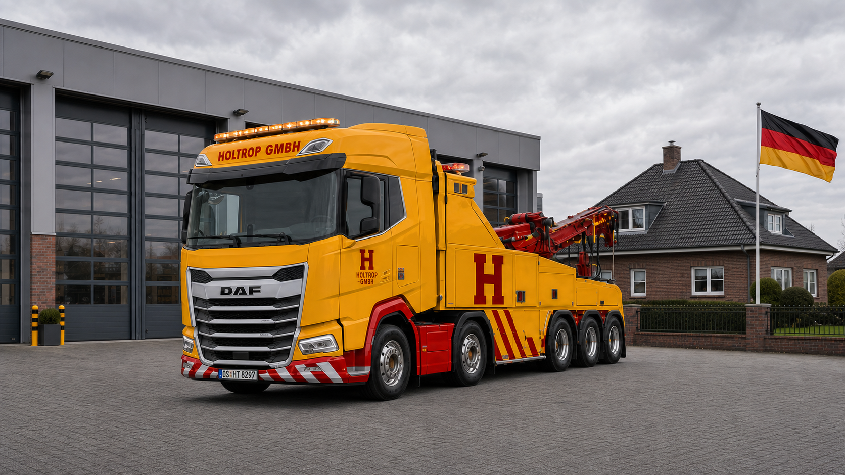 Yellow Holtrop DAF heavy recovery truck at a German workshop